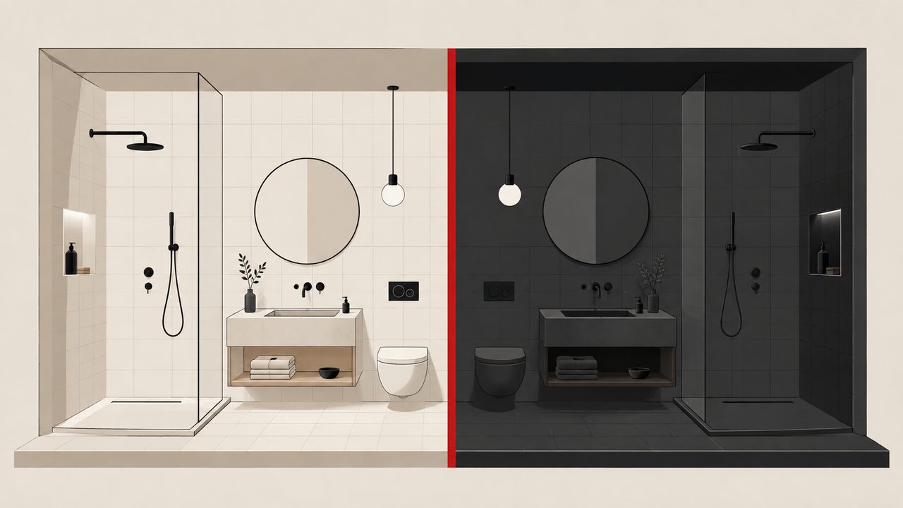 Illustration: dasselbe Badezimmer zweigeteilt, links mit hellen, rechts mit dunklen Fliesen, getrennt von einer roten Linie