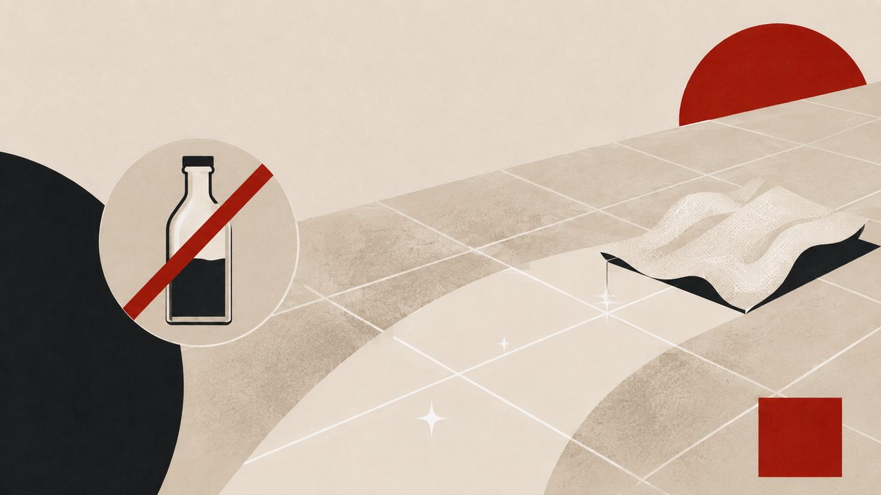Illustration: ein Tuch zieht eine saubere, glänzende Bahn über einen Fliesenboden, daneben eine rot durchgestrichene Essigflasche