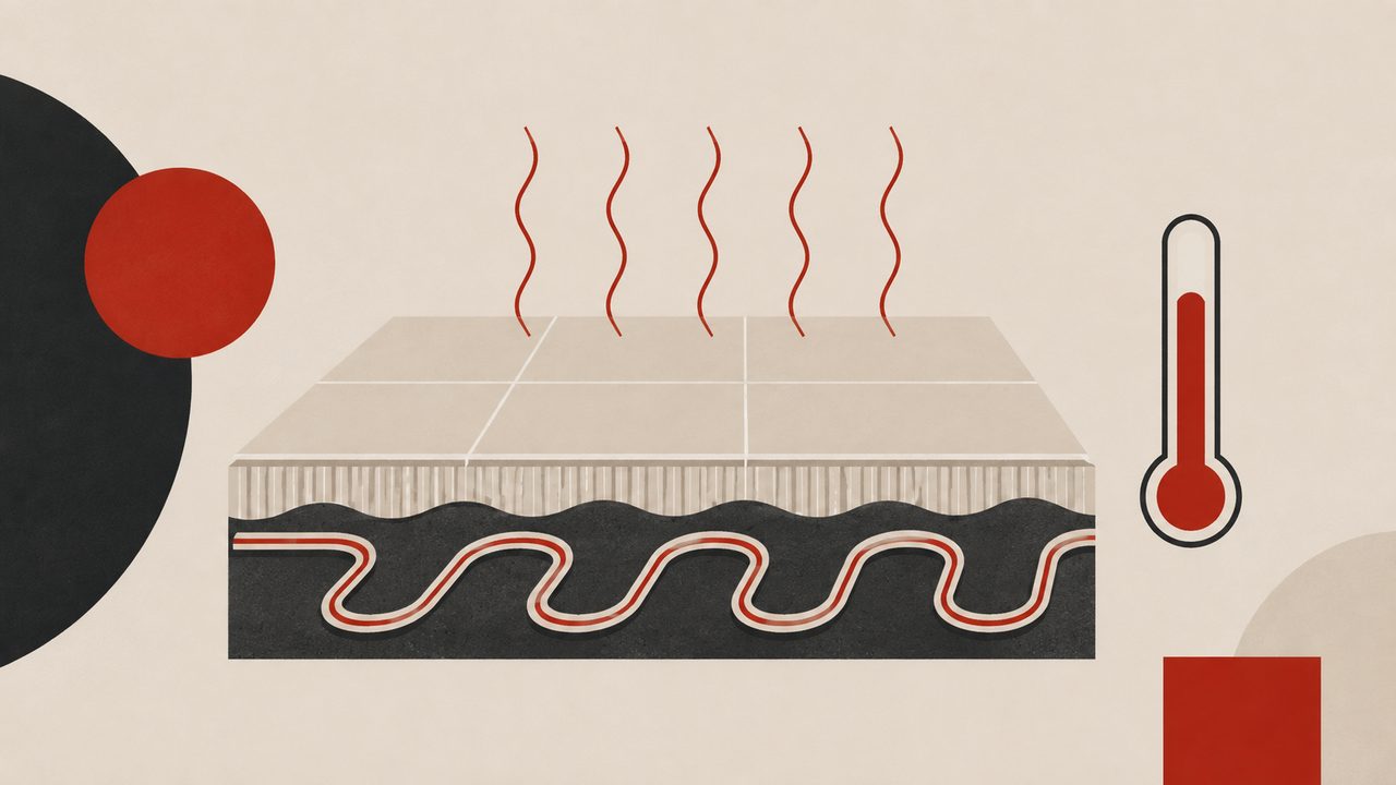 Illustration: ein Fußboden im Querschnitt mit Heizschlangen im Estrich, aus den Fliesen steigen Wärmelinien auf, daneben ein Thermometer