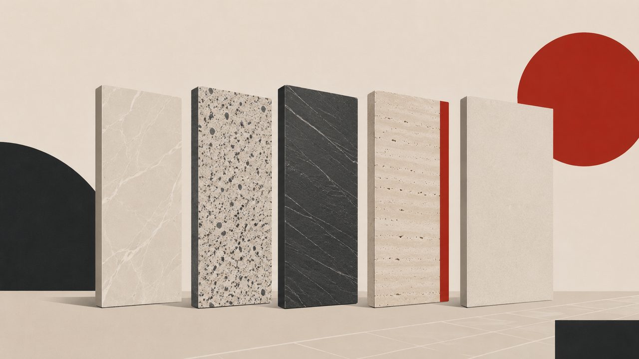 Illustration: fünf Natursteinplatten in einer Reihe wie Buchrücken, mit Marmoradern, Granitsprenkeln, Schiefer, Travertinporen und glattem Kalkstein