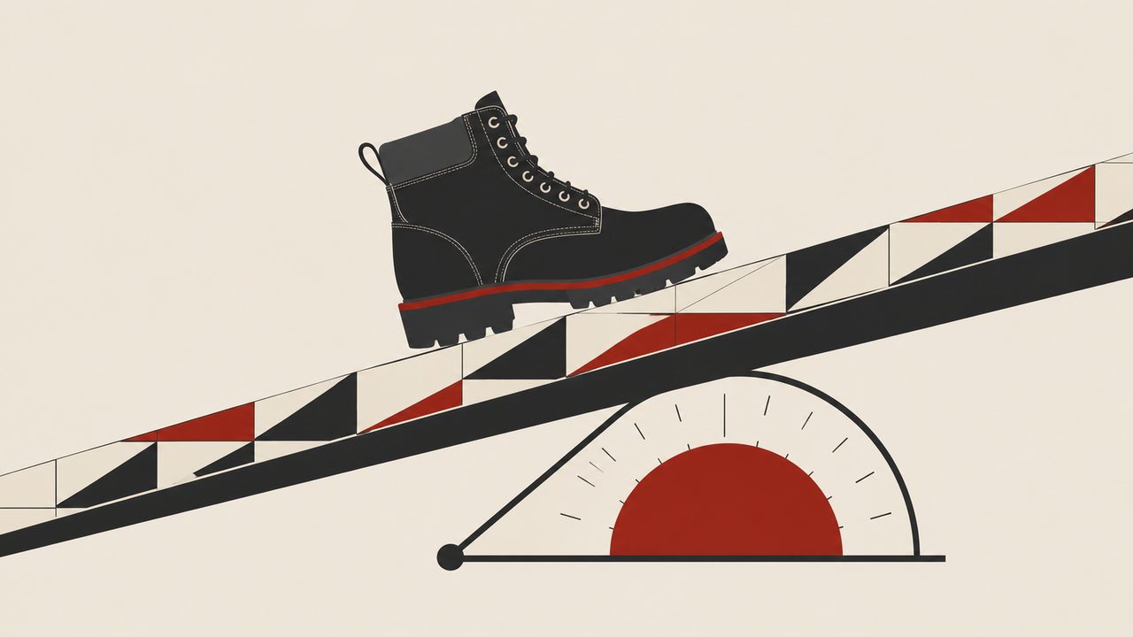Illustration: ein profilierter Arbeitsschuh steht auf einer gekippten, gefliesten Rampe, darunter ein Winkelmesser. So läuft die Rutschklassen-Prüfung.