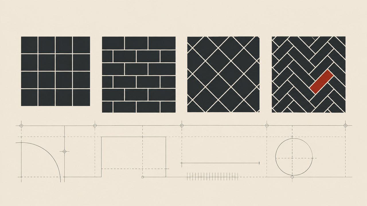 Illustration: vier Verlegemuster nebeneinander (Kreuzfuge, Halbverband, diagonal, Fischgrät) über Bauplan-Linien, eine Fliese im Fischgrät in Rot